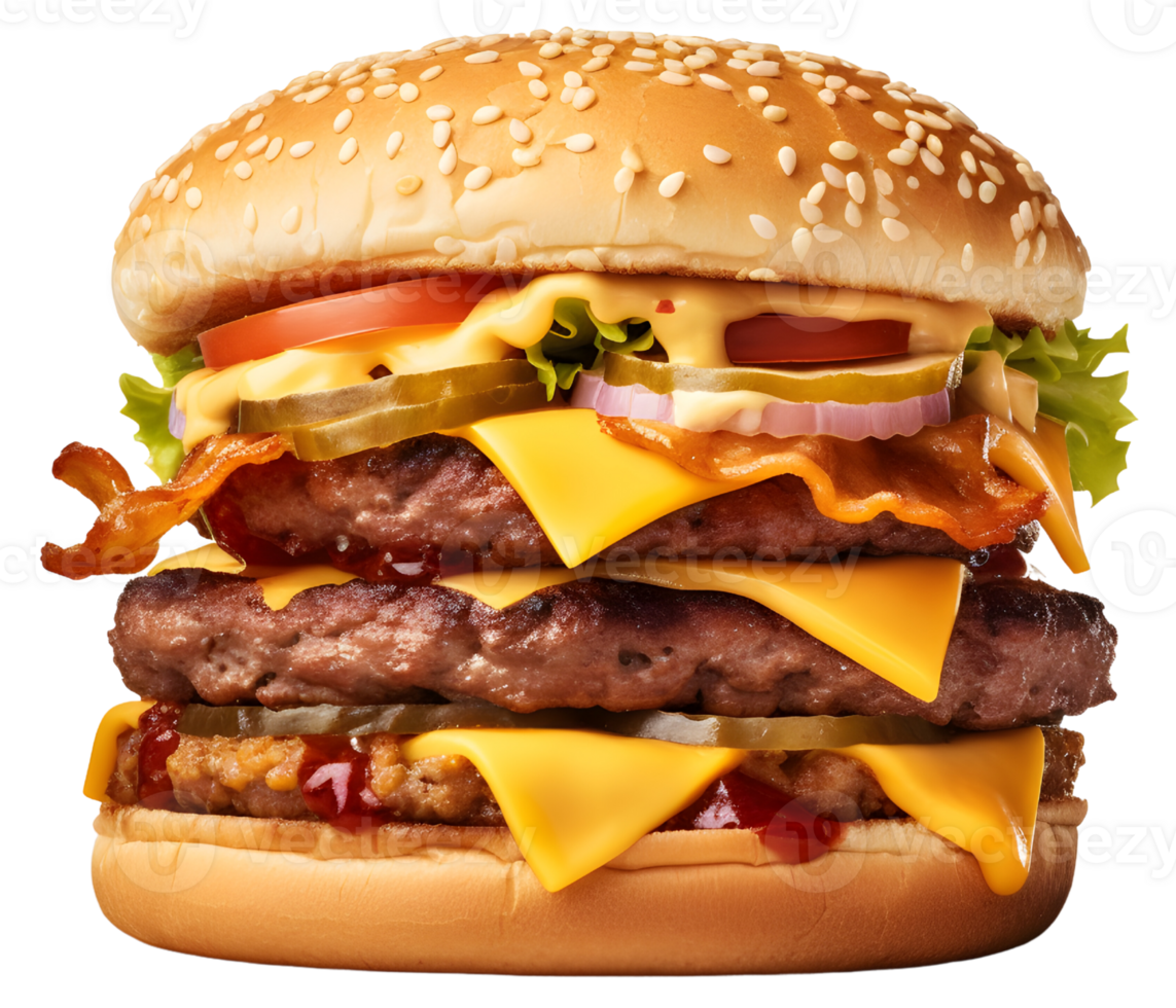 huge burger with three meat layer, vegetables and cheese, AI Generated png