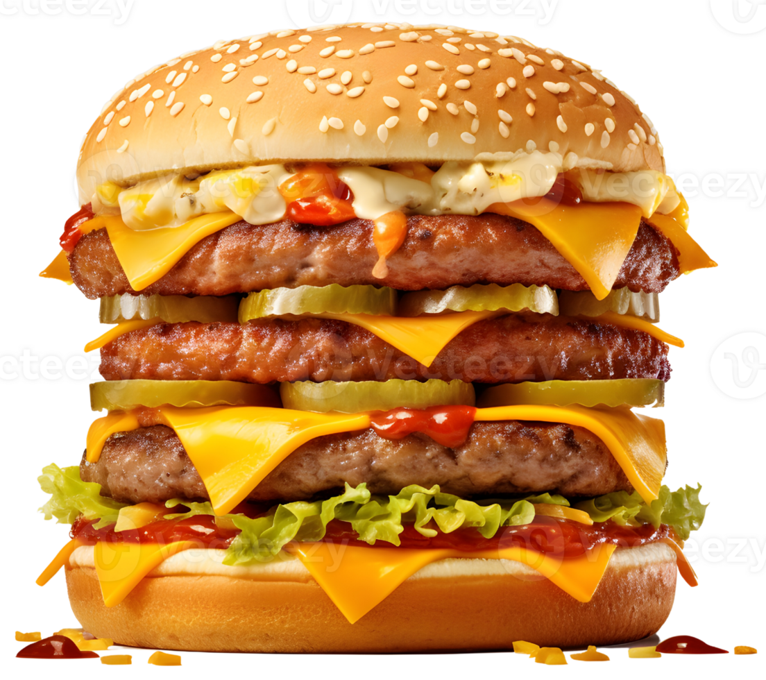 big burger with three layer beef meat with sauce cheese and vegetables, AI Generated png