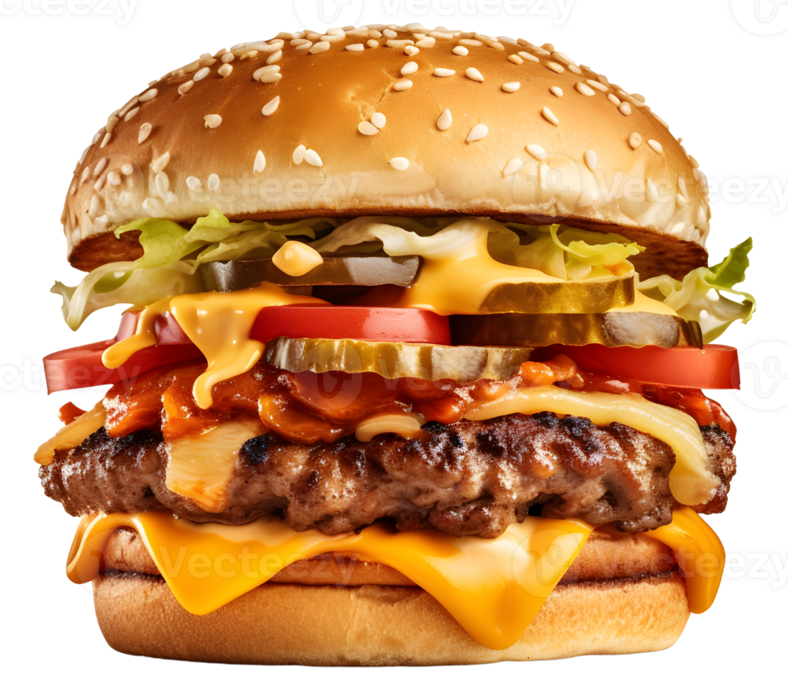 big burger with meat, cheese and lots of vegetables, AI Generated png