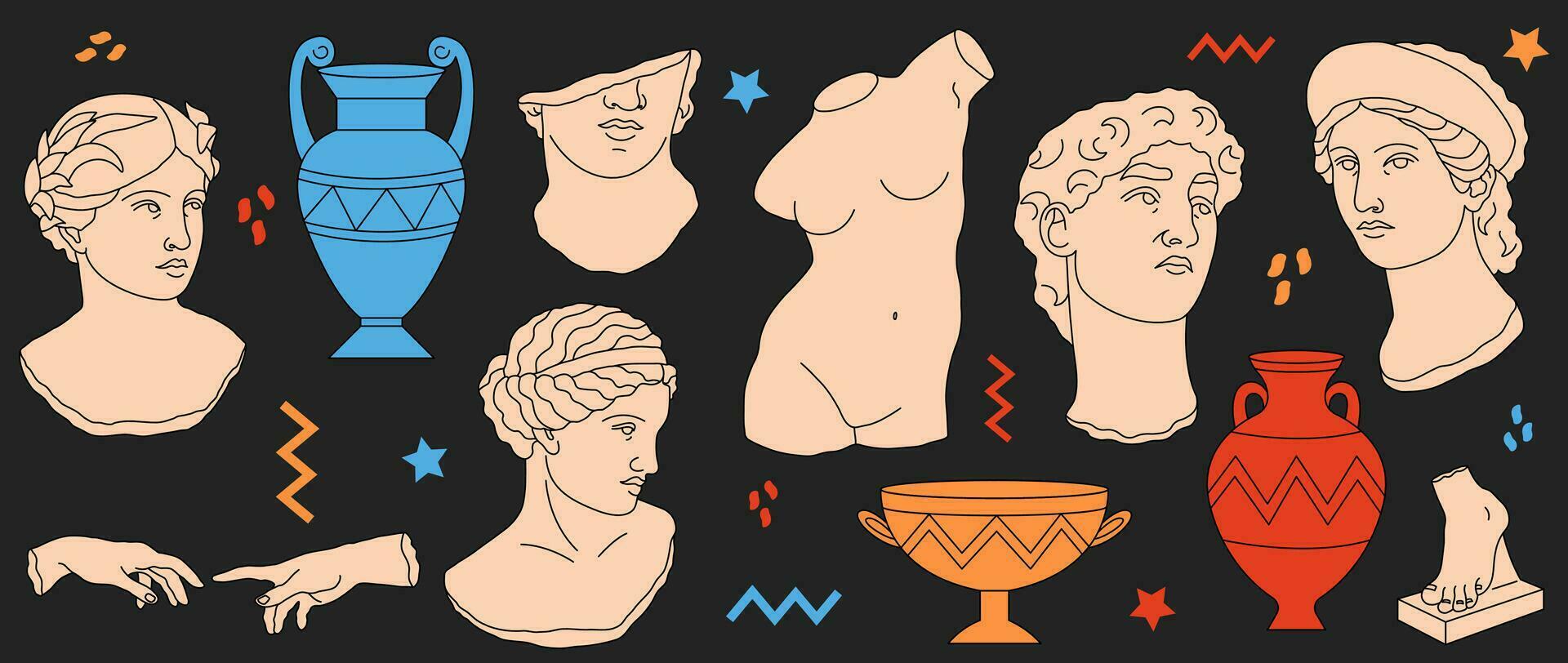 Mythical, ancient Greek style. Antique statues of women and men, vases, and sculptures of body parts on dark background. vector