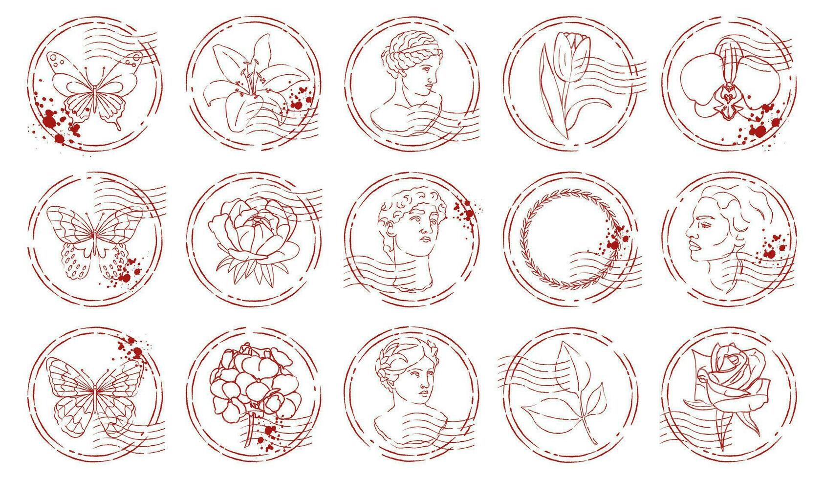 Set of grunge postal rubber stamps and stickers with flowers, butterflies and people isolated on white background. vector