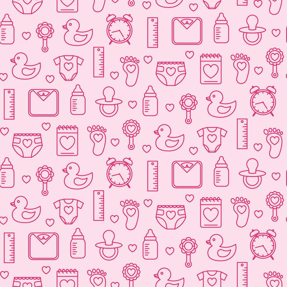 Pink seamless pattern with baby icons. It's a girl. vector