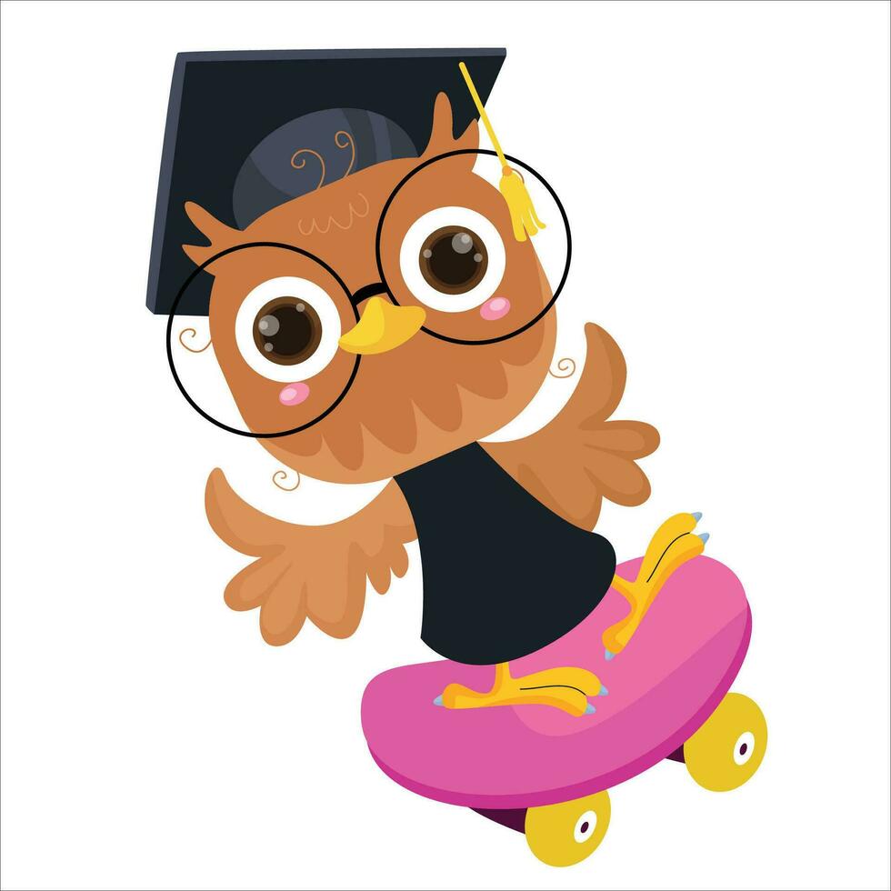 vector cartoon illustration of a cute owl playing with a skateboard