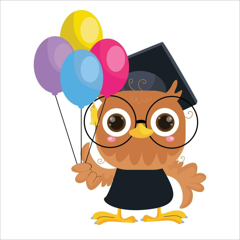 vector cartoon illustration of a cute owl playing with a balloon