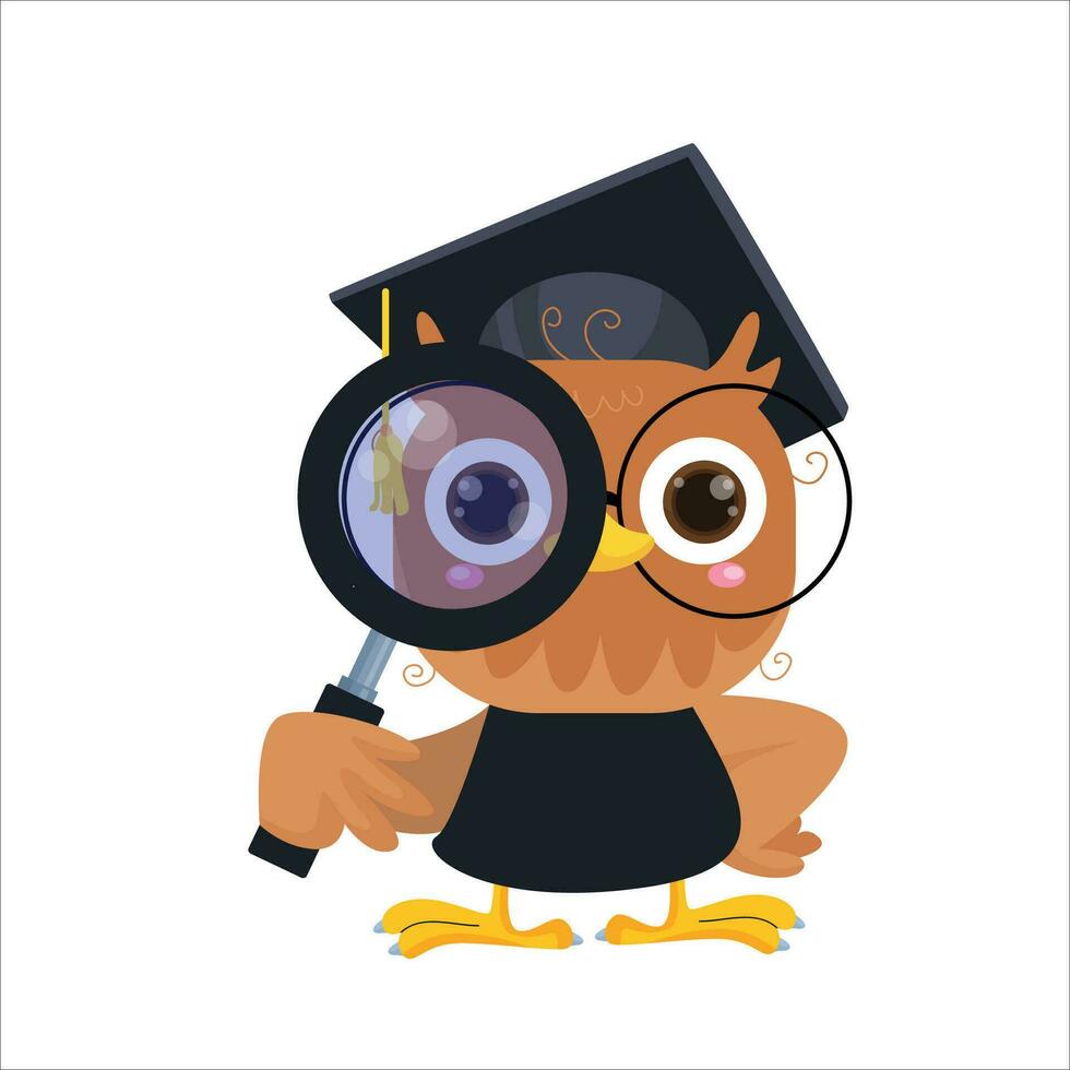 vector cartoon illustration of a cute owl doing research with a magnifying glass