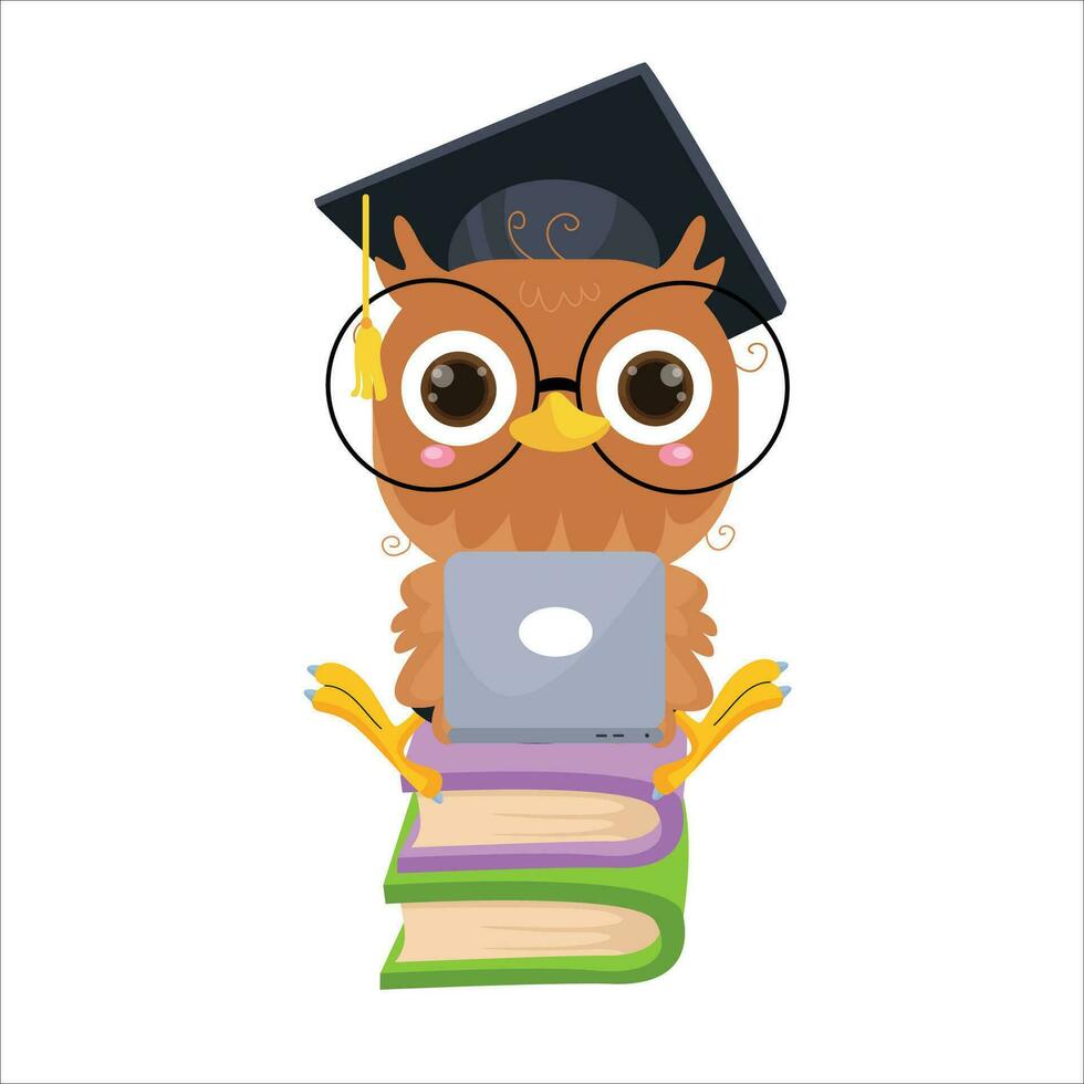 vector cartoon illustration of a cute owl sitting on a pile of books