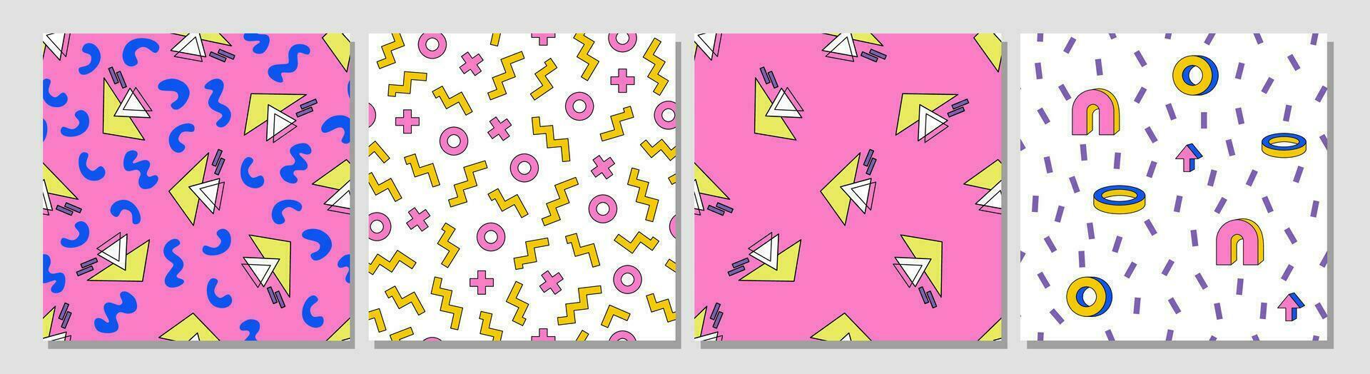 Set of modern geometric patterns. Abstract playful geometry. 80s, 90s vibes. Memphis. Retro nostalgia. Digital paper, background. vector