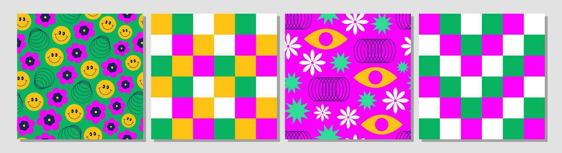 Set of modern retro groovy seamless patterns. Abstract geometric psychedelic backgrounds. Geometric shapes, futuristic figures, flowers, line art, smiles, stars. Retro nostalgia. Y2k. vector