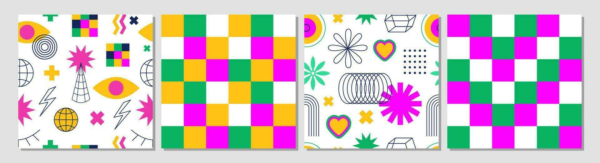 Set of modern geometric futuristic backgrounds. Abstract psychedelic brutalist seamless pattern. Geometric shapes, flowers, line art, rainbows, stars, checkered boards. Y2k. vector