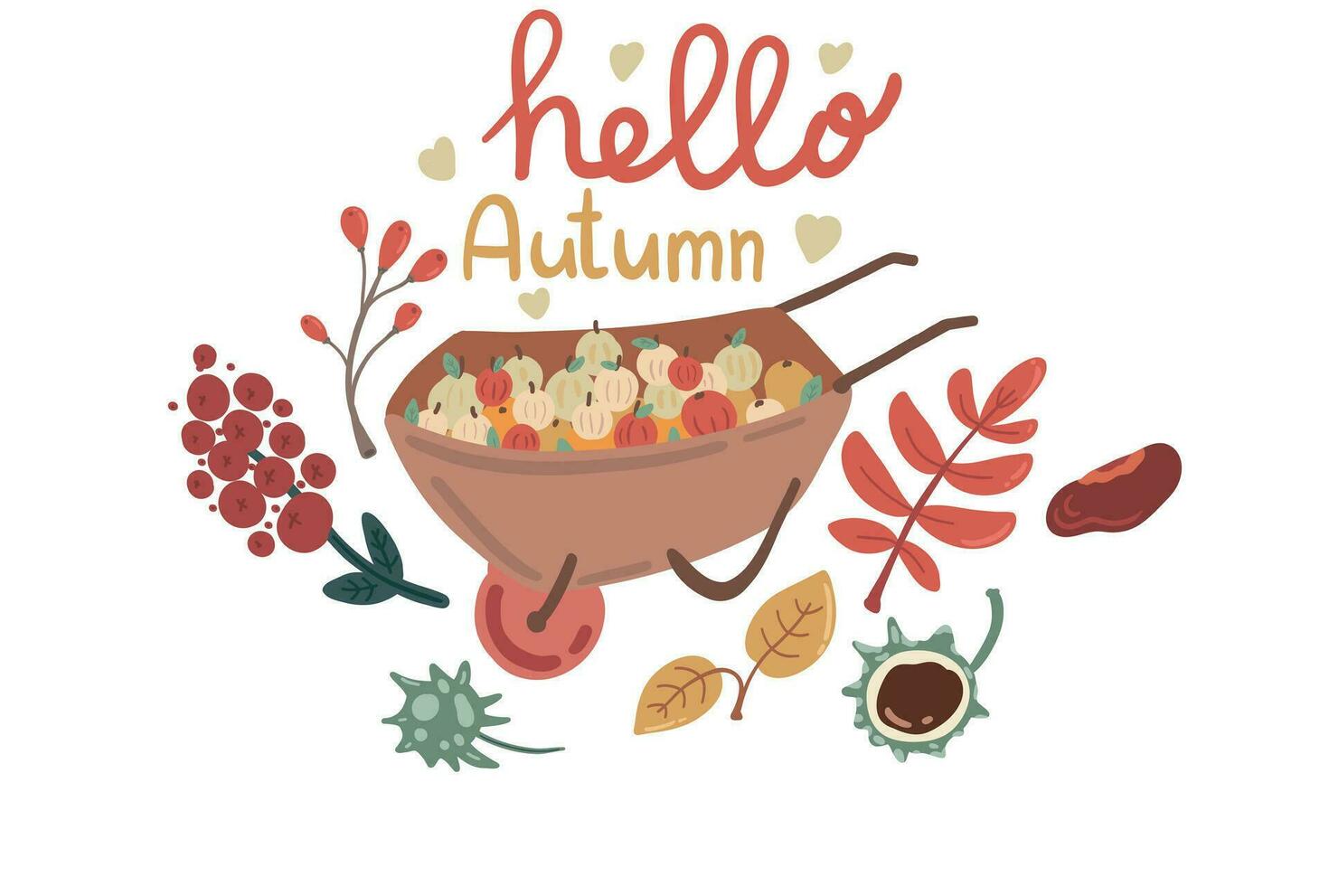 Hola otoño conjunto mano dibujado manzanas y hojas carretilla tarjeta vector