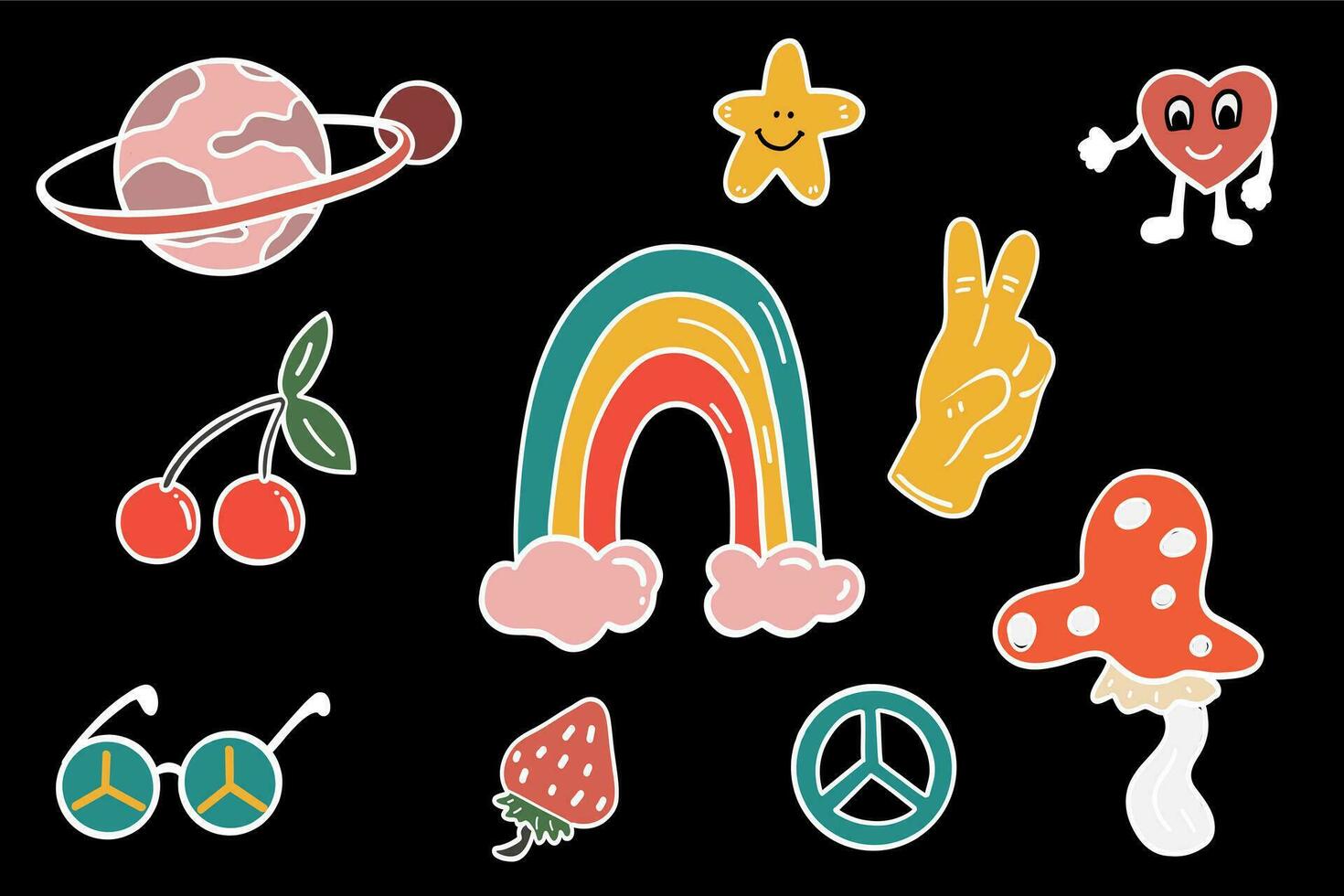Psychedelic groovy characters icons hand drawn set vector
