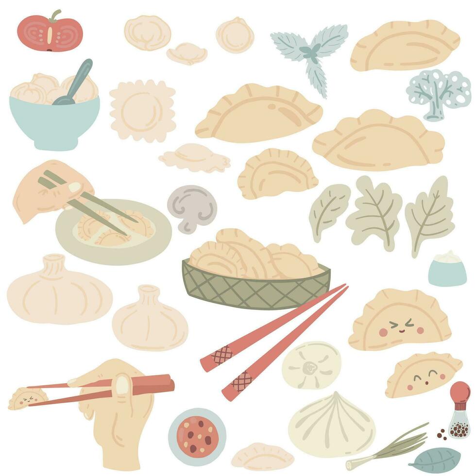 Hand drawn dumplings set with vegetables and hands with sticks vector