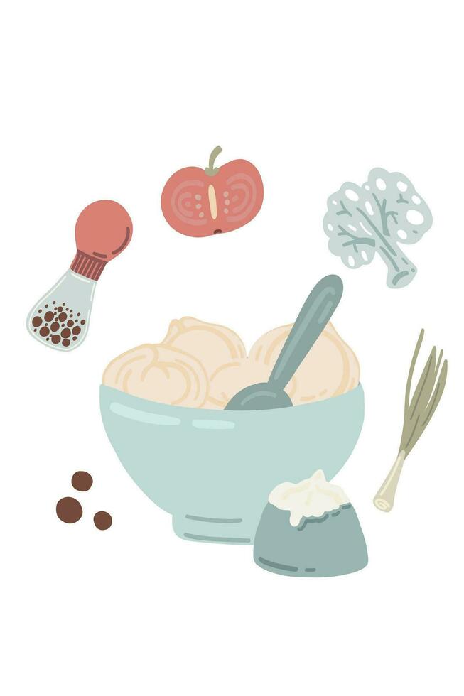 Dumplings pelmeni set in a plate with a cream and black pepper vector