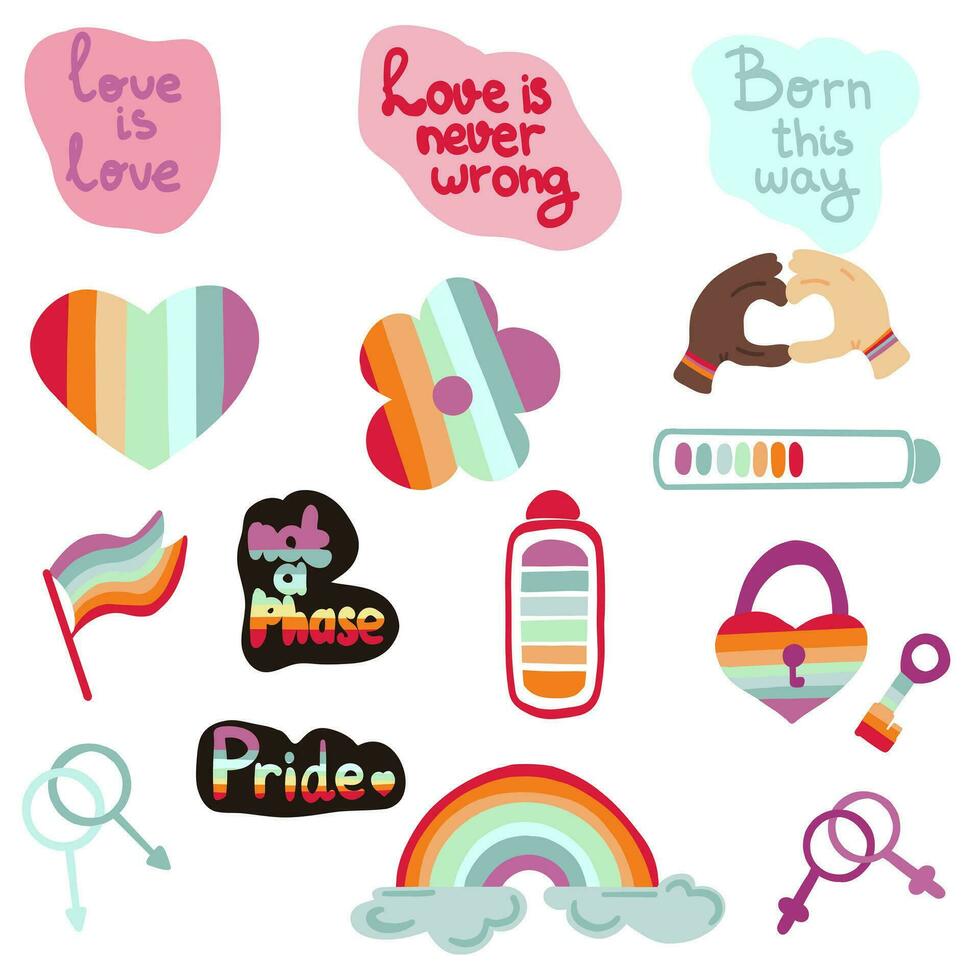 LGBT pride stickers and rainbow hand drawn set vector
