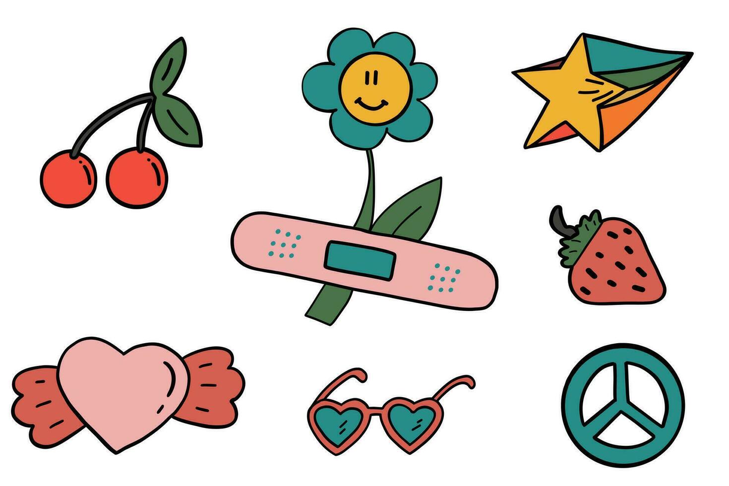Groovy characters icons set vintage hand drawn vector