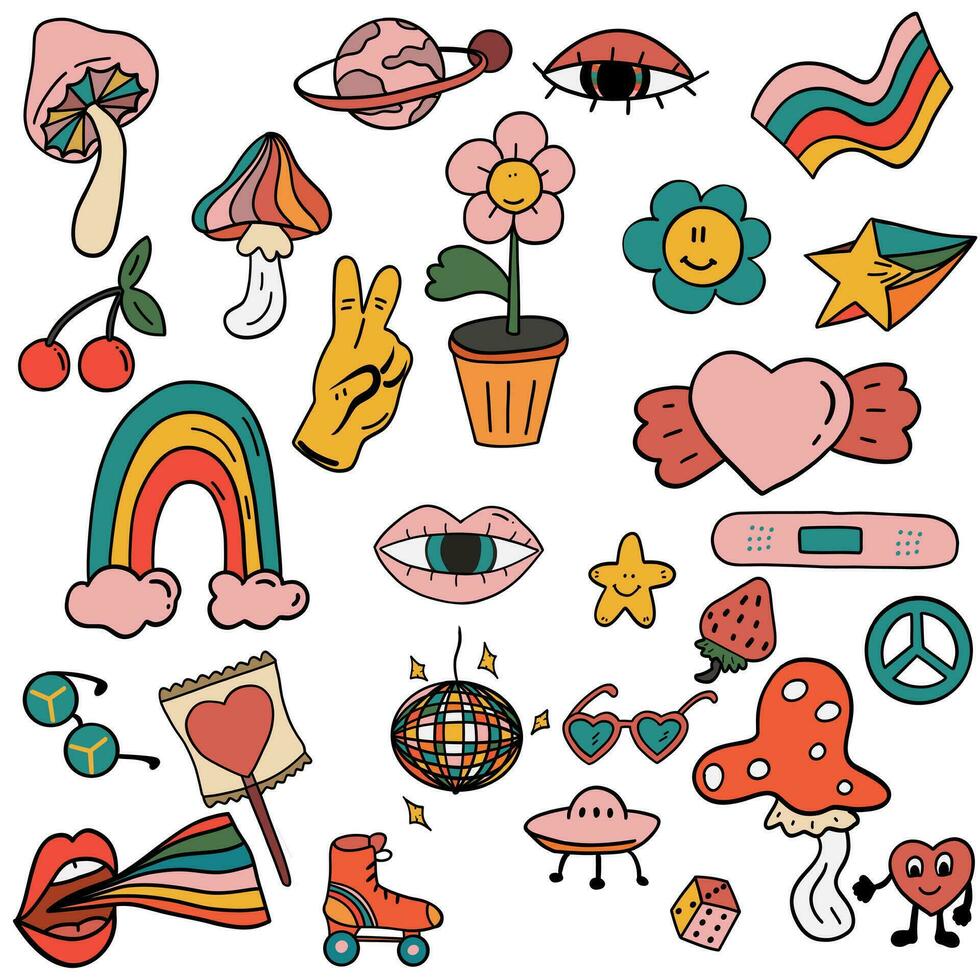 Groovy icons set 90's style hand drawn vector