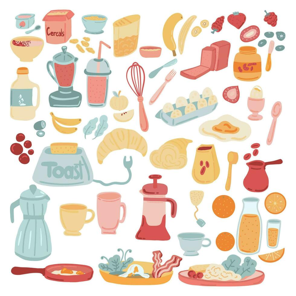 Big set of icons hand drawn brunch breakfast objects vector