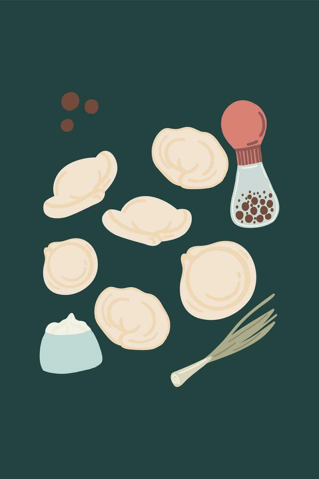 Russian dumplings with onion and cream hand drawn set vector