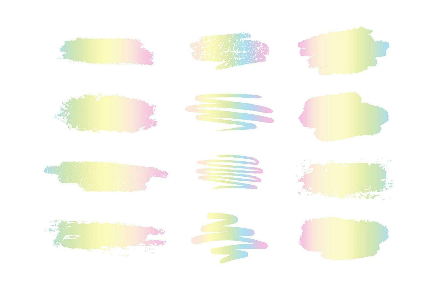 Set of holographic strokes of paint. Y2K cute holographic stickers isolated on white background, vector rainbow hand drawn element.