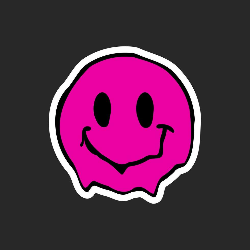 A melted pink smiling face. Acid rave sticker in 90s trendy style, Y2K. Pink spreading smile. vector