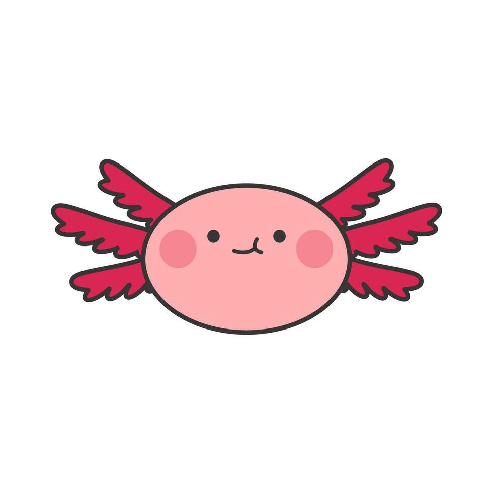 Kawaii axolotl head sticker. Cute vector character isolated on white background, pink cheerful axolotl, smiling amphibian.