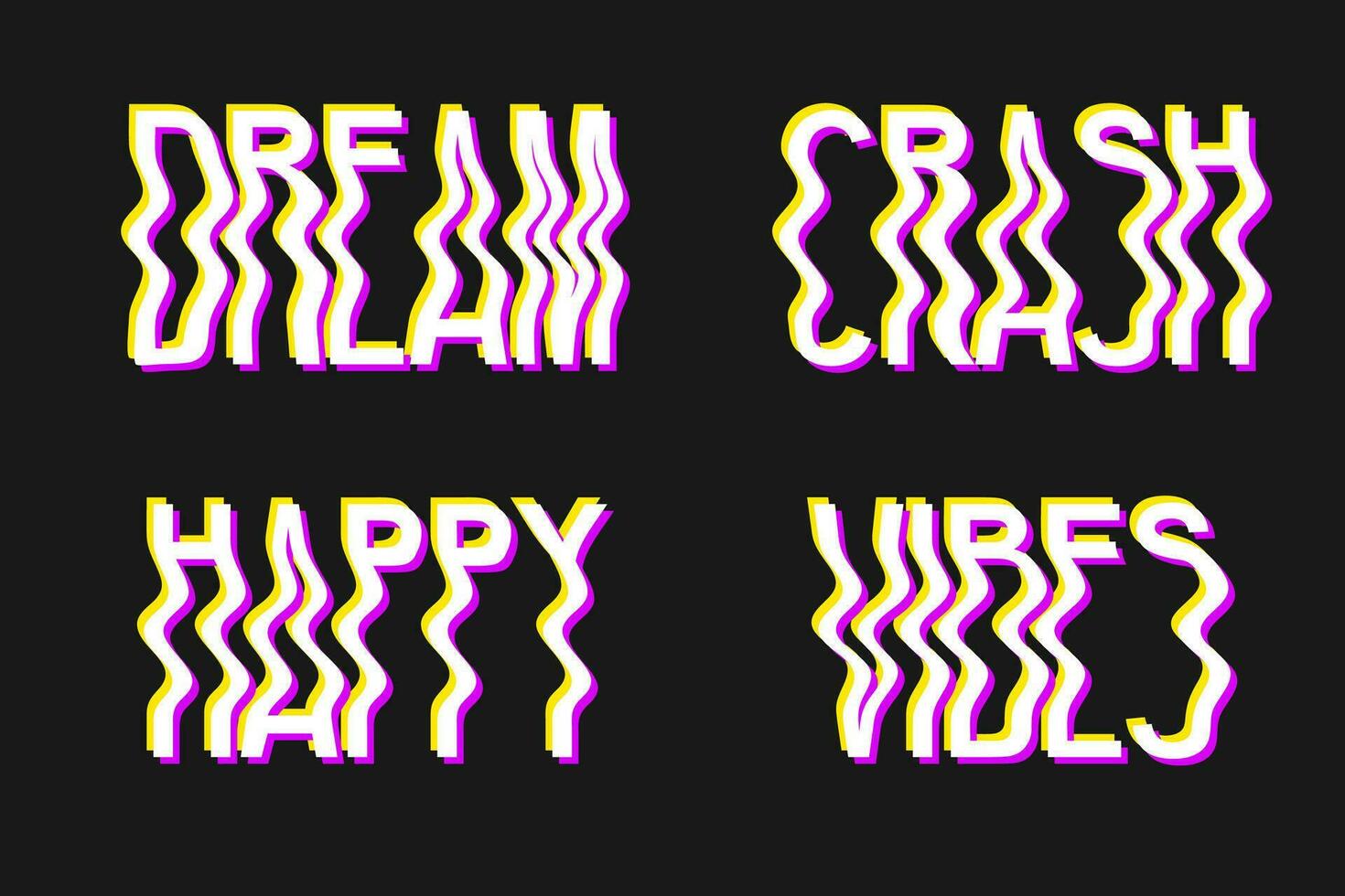 Set of neon glitch lettering. 3D blurry fluid lettering with a trendy glitch effect on a dark background. Fashionable distorted lettering, ideal for printing on postcards and clothing. vector