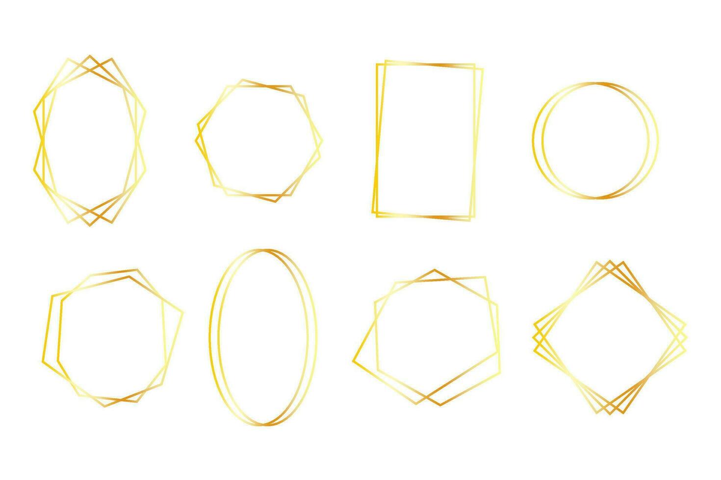 Set of 8 minimalistic golden frames isolated on white background. Gradient vector retro geometric frames in different shapes and sizes, ideal for photos, cards and invitations, wedding decor.