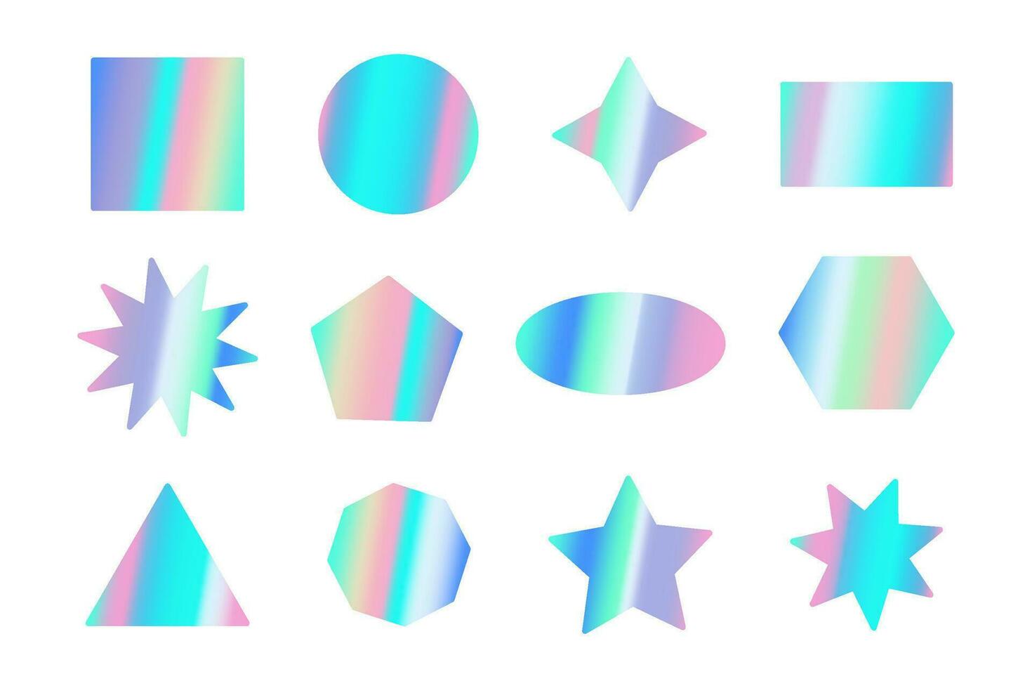 A set of 10 holographic stickers Y2K in different shapes - circle, square, star, oval and others. Rainbow gradient patch isolated on white background. Trendy vector elements in trendy 90s, 00s style.