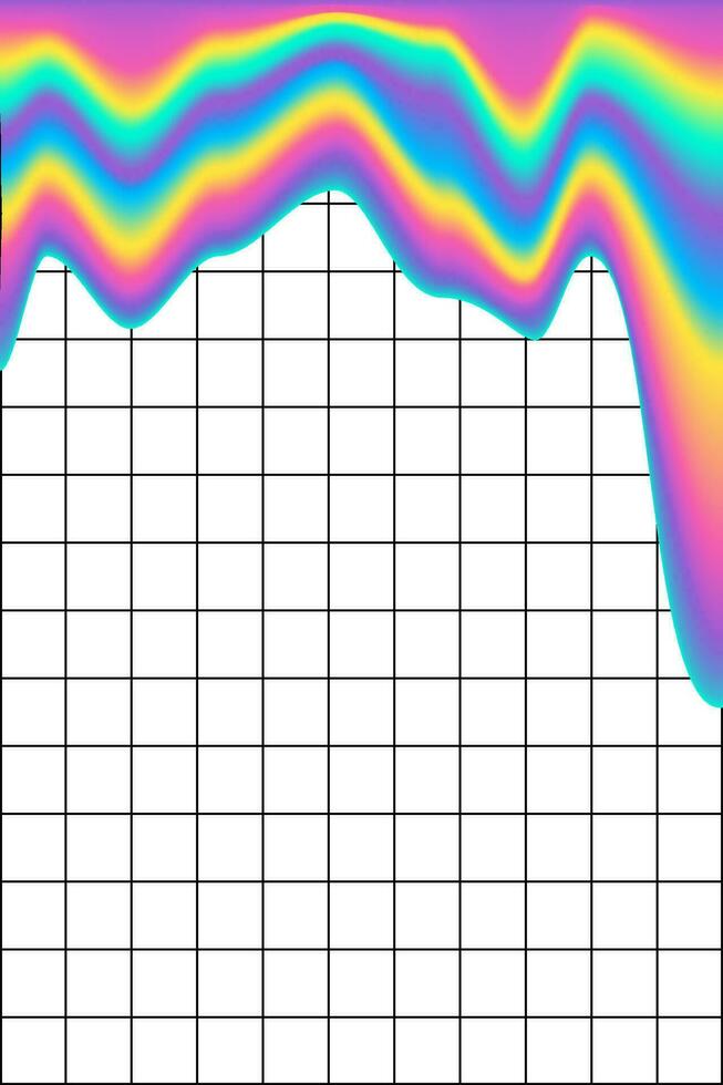 de moda póster con un a cuadros cuaderno sábana y brillante neón manchas. iridiscente Derretido pintar rayas en papel en un de moda años 90, 00s estilo. vector