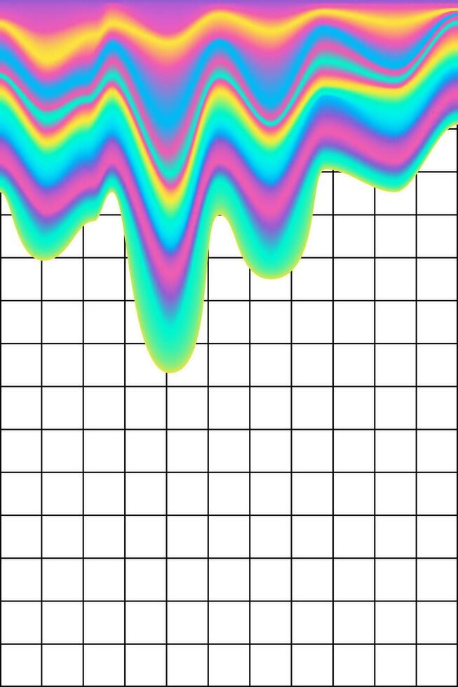 Fashionable poster with a checkered notebook sheet and bright neon streaks. Iridescent melted paint streaks on paper in a trendy 90s, 00s style. vector