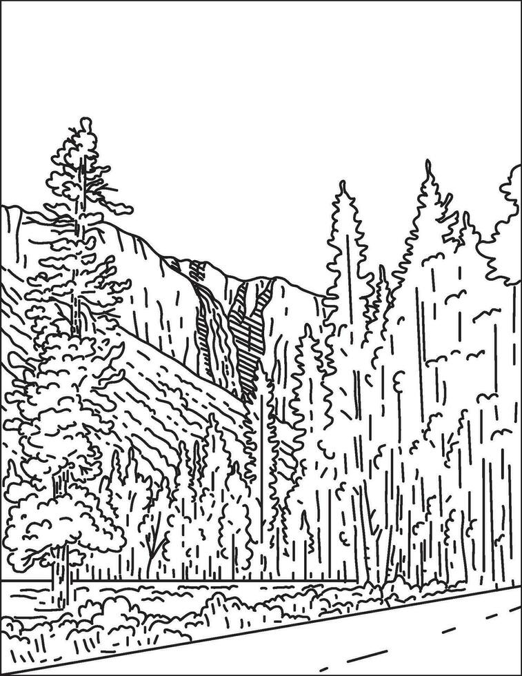 Bridalveil Fall in Yosemite Valley Yosemite National Park Mono Line Art vector