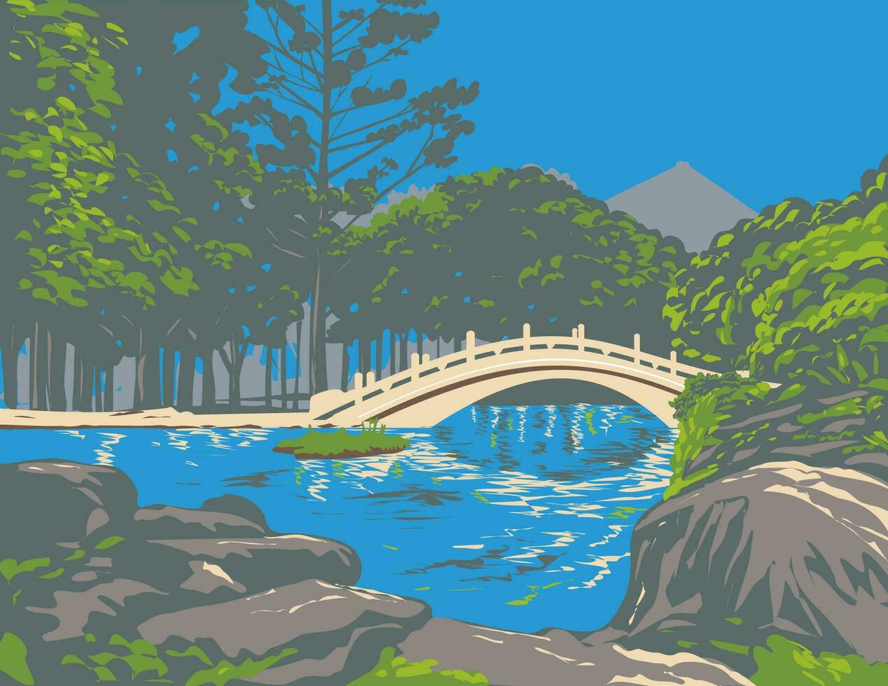 Arch Bridge Guanghua Pool National Chiang Kai-shek Memorial Hall Taiwan WPA Art Deco Poster vector