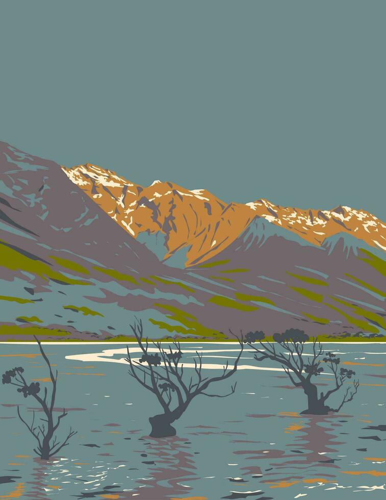 lago wanaka en glenorchy otago sur isla nuevo Zelanda wpa Arte deco póster vector