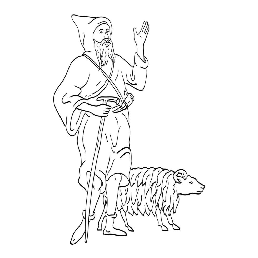 Medieval Shepherd or Sheepherder with Staff and Sheep Medieval Style Line Art Drawing vector