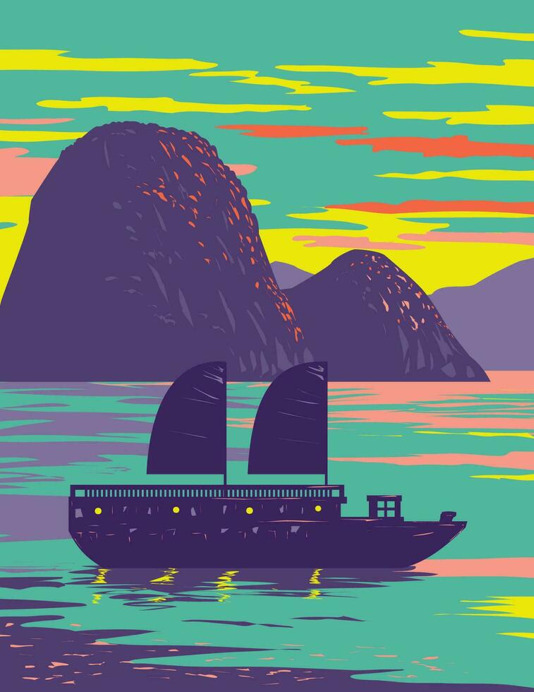 decir ah largo bahía o halong bahía con basura barco Vietnam wpa Arte deco póster vector