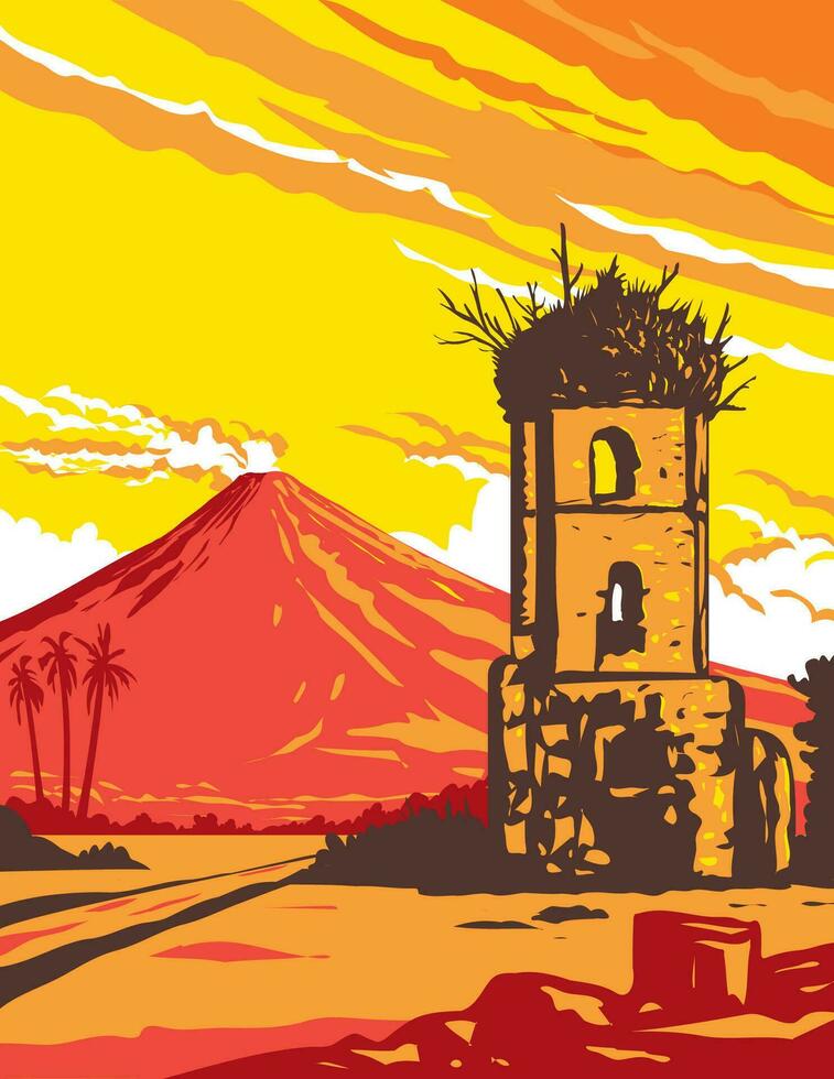 Mayon Volcano and Cagsawa Ruins Bell Tower Albay Philippines WPA Art Deco Poster vector