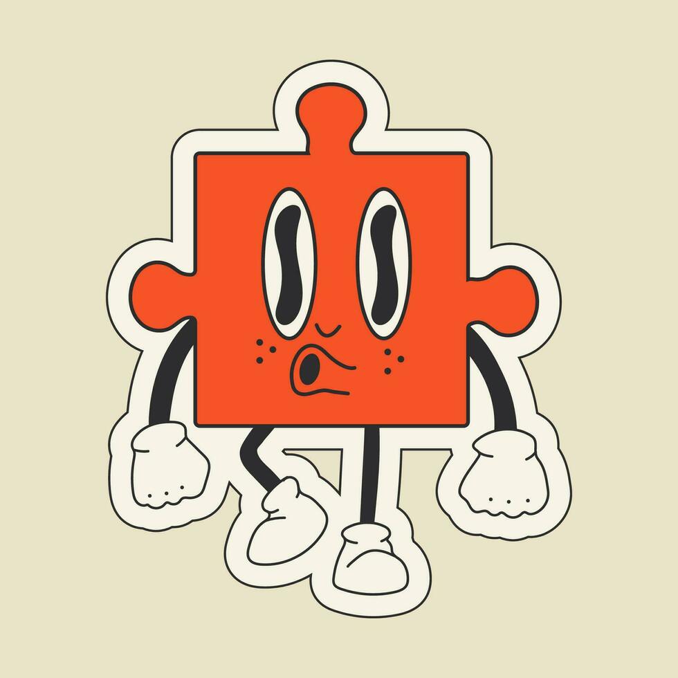 Cute happy funny puzzle 30s cartoon mascot character 40s, 50s, 60s old animation style. vector