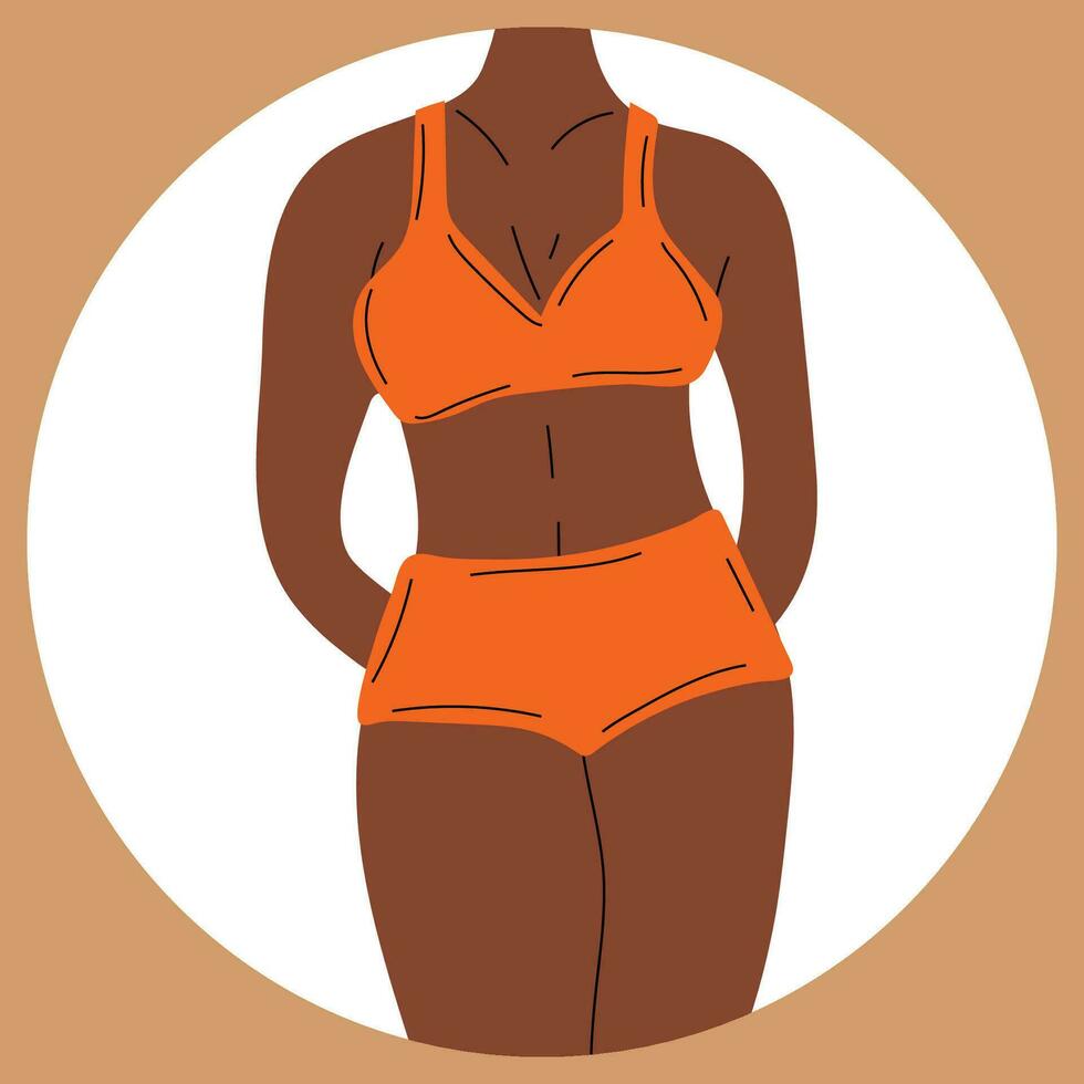 Woman in bikini. Beach underwear. Love and accept any body type. Healthy body, Body positive, fat acceptance movement, lifestyle and fashion concept. Hand drawn Vector illustration