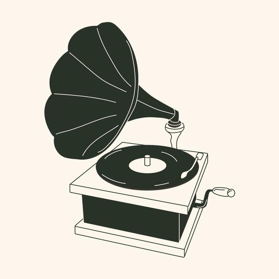 Black and white Cartoon Retro Gramophone record player drawing. Cute vector illustration of vintage music equipment.