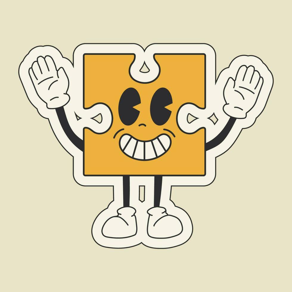 Cute happy funny puzzle 30s cartoon mascot character 40s, 50s, 60s old animation style. vector