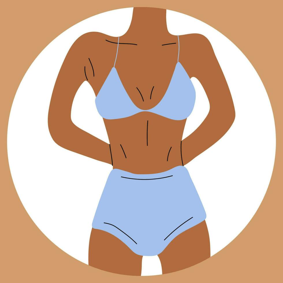 Woman in bikini. Beach underwear. Love and accept any body type. Healthy body, Body positive, fat acceptance movement, lifestyle and fashion concept. Hand drawn Vector illustration