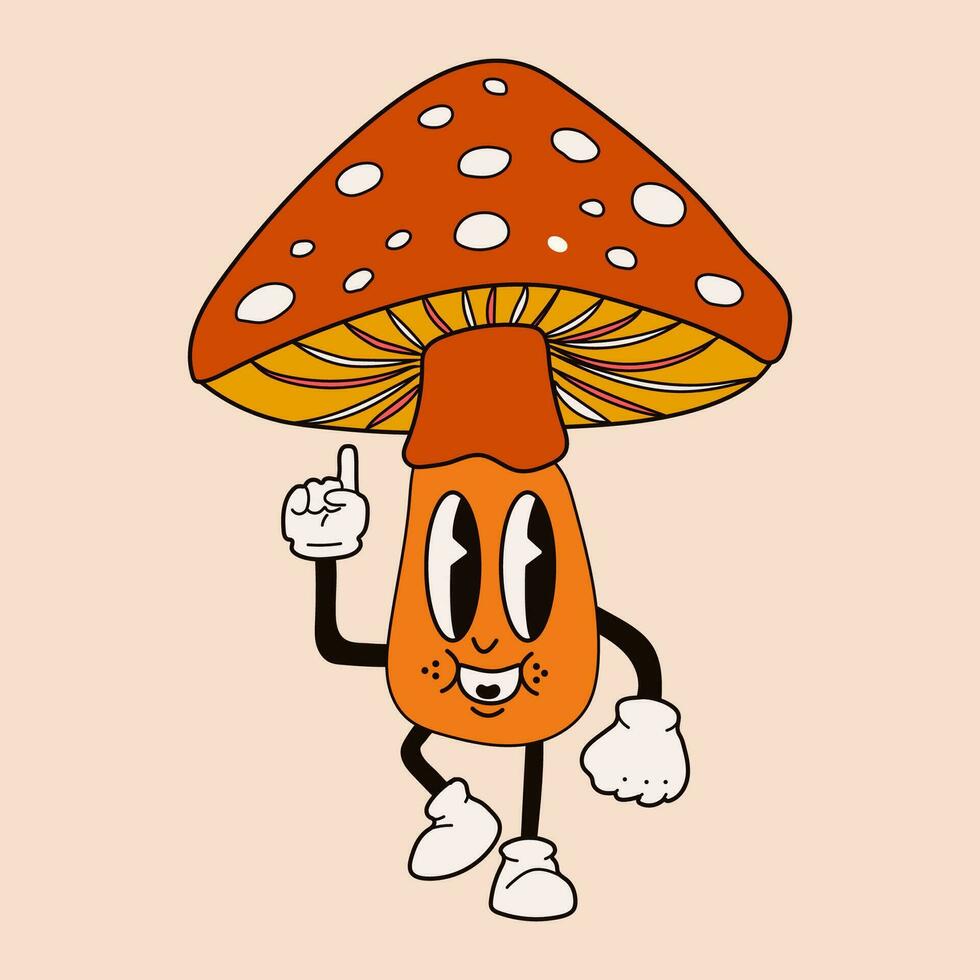 Cute happy funny rainbow mushroom 30s cartoon mascot character 40s, 50s, 60s old animation style. vector