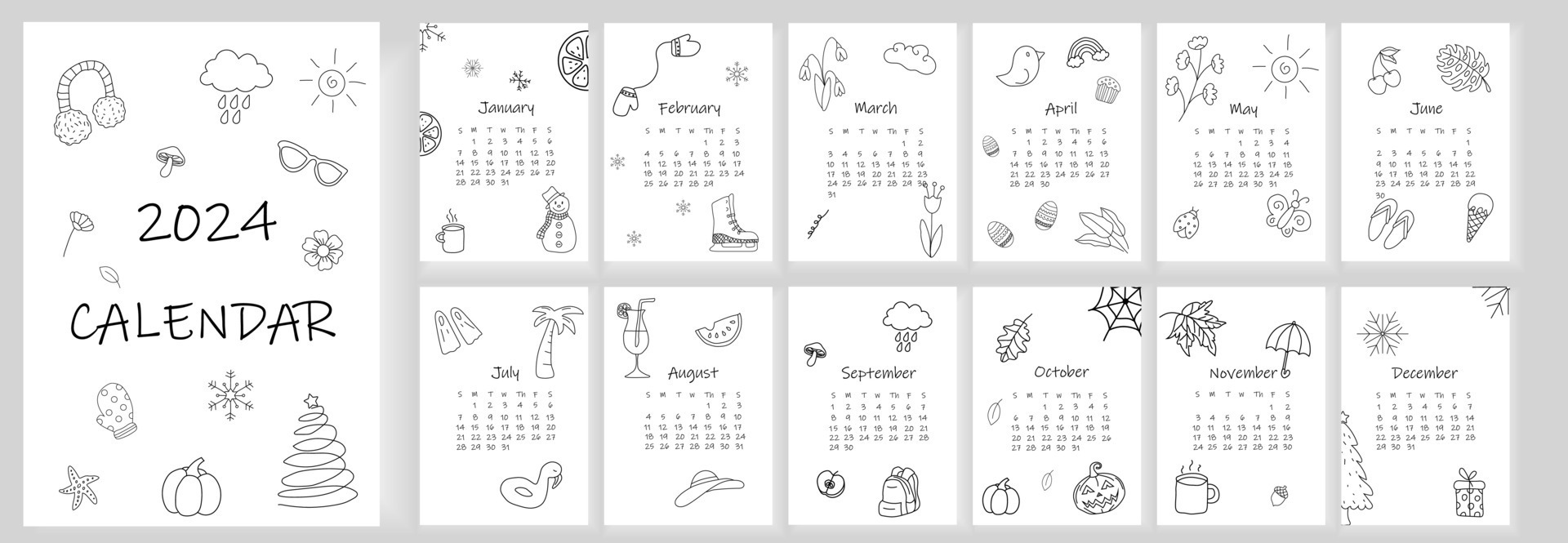 2024 calendar design. Doodle calendar planner minimal style, annual