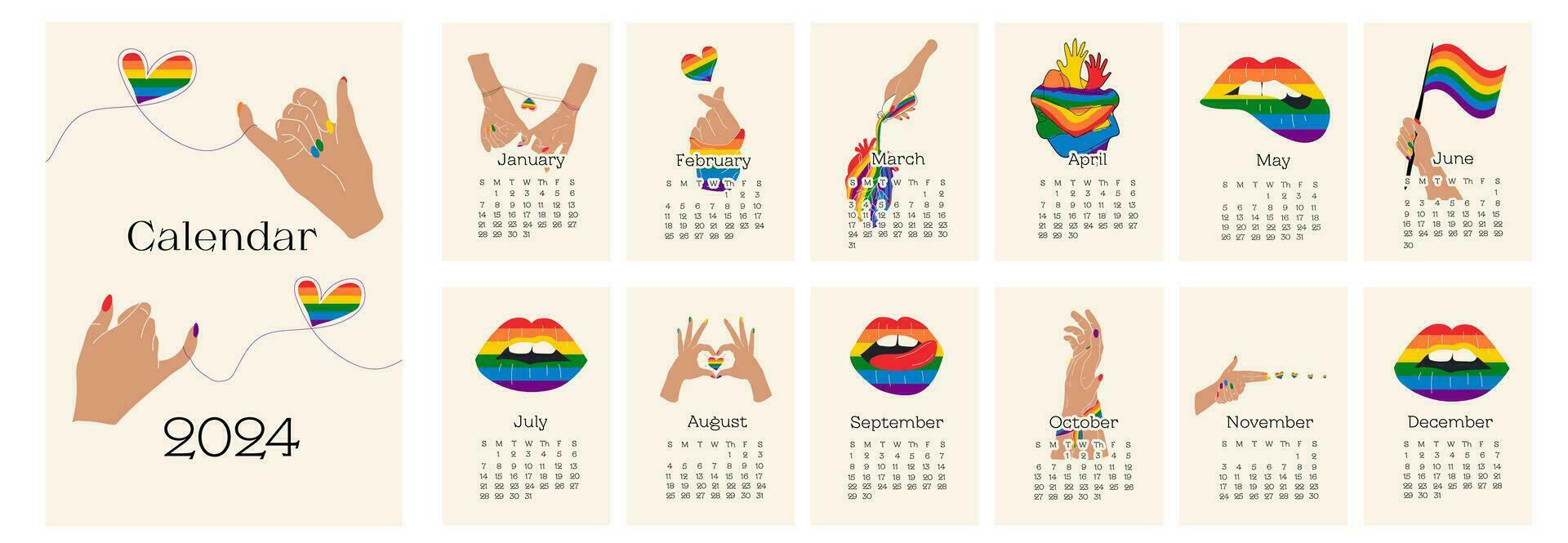 2024 calendar design with lgbt symbol. Hand drawn calendar planner