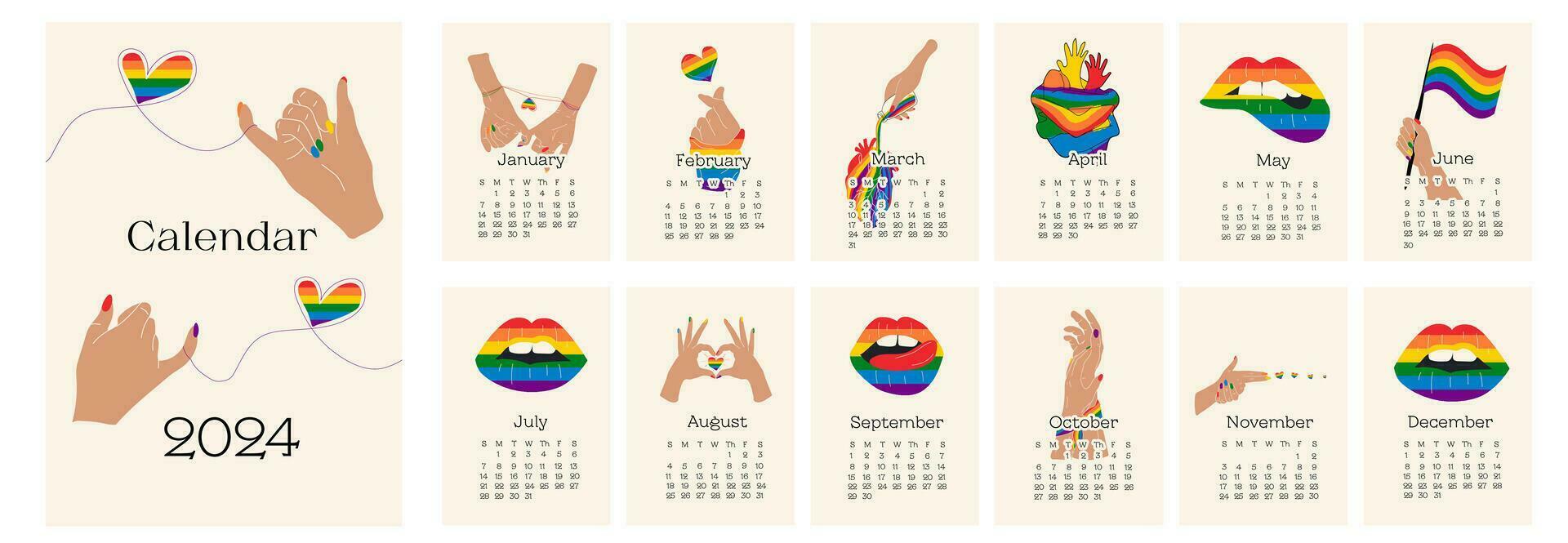 2024 calendar design with lgbt symbol. Hand drawn calendar planner annual organizer. Vector