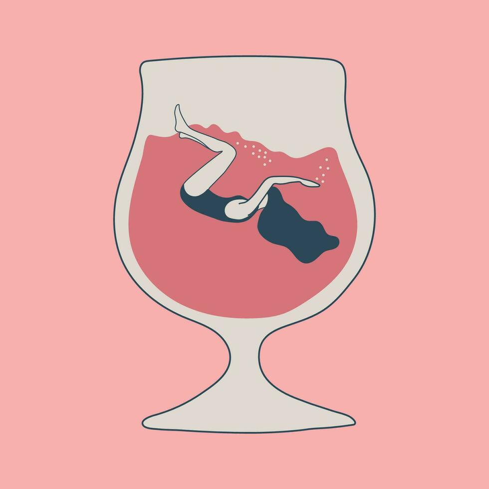 Trendy female characters swimming jumping into the glass.People suffering from hard drinking. Concept illustration with depressed characters sink in various alcohol glasses. vector