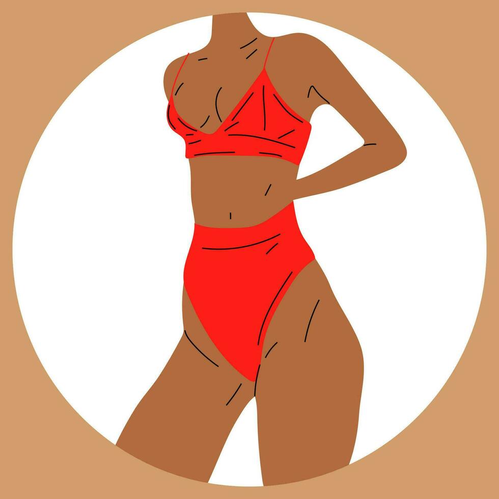 mujer en bikini. playa ropa interior. amor y aceptar ninguna cuerpo tipo. sano cuerpo, cuerpo positivo, grasa aceptación movimienot, estilo de vida y Moda concepto. mano dibujado vector ilustración