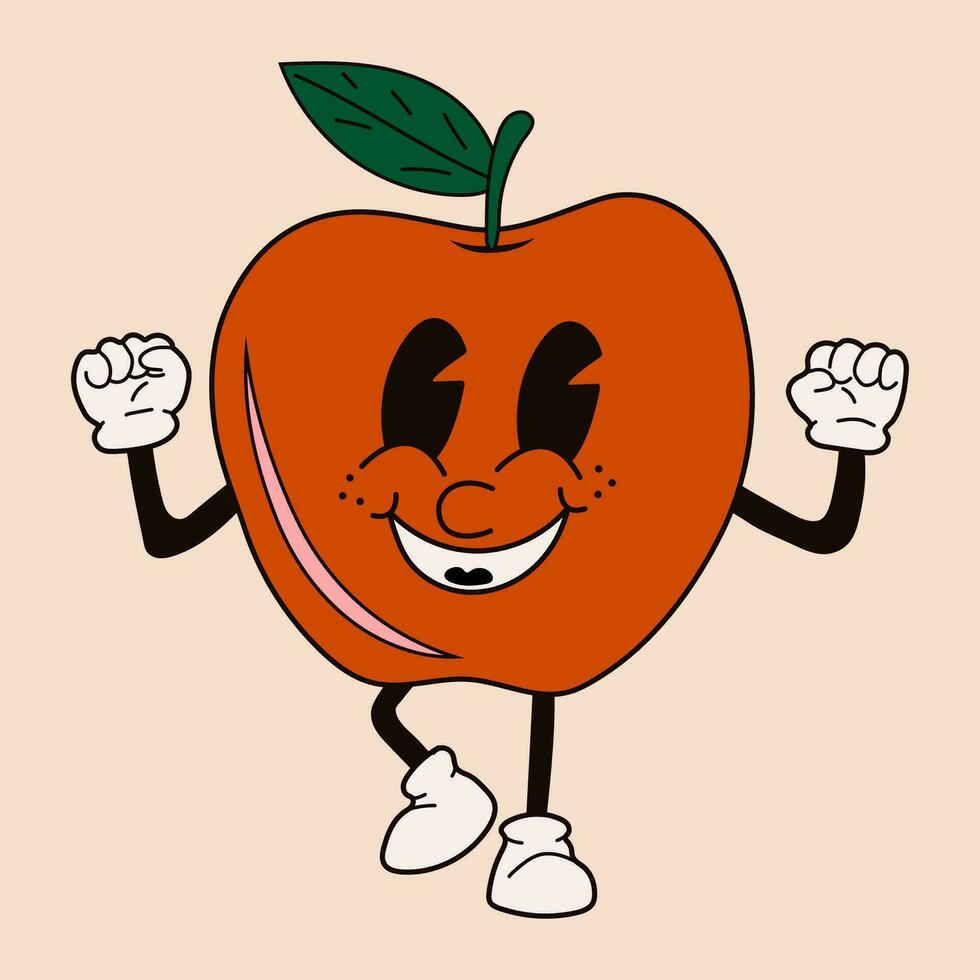 Cute happy funny rainbow apple 30s cartoon mascot character 40s, 50s, 60s old animation style. vector