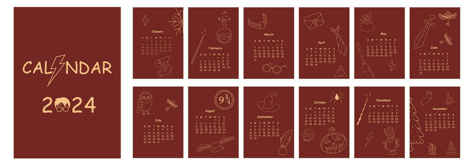 2024 calendario diseño. mano dibujado garabatear magia calendario planificador mínimo estilo, anual organizador. vector ilustración. color rojo y oro.