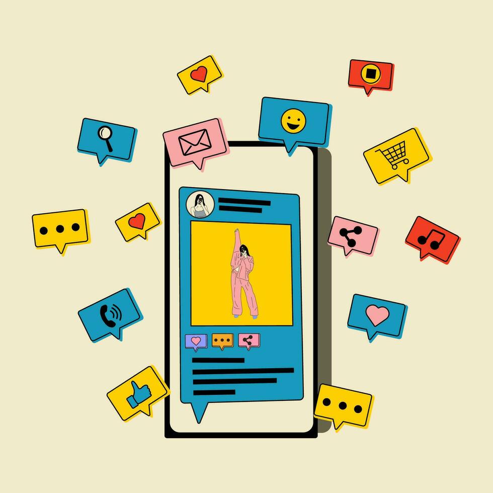 teléfono con social medios de comunicación correo, blogueando hombre de influencia blogger niña personaje. selfie creativo idea. smm social perfil insta marco joven estrella. vector ilustración en plano estilo